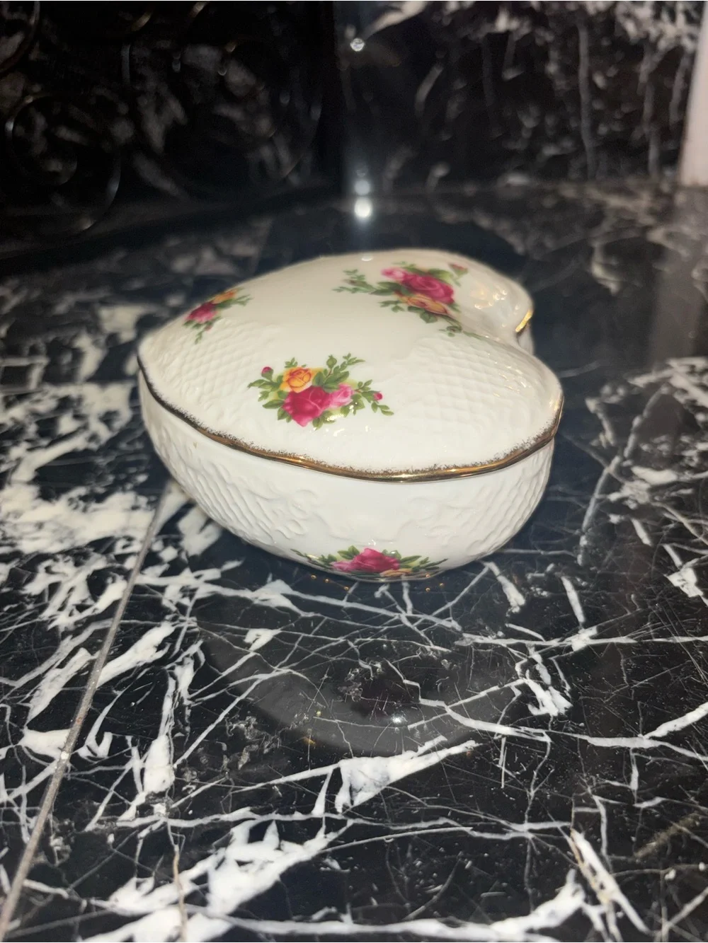 Royal Albert White Heart-Shaped Trinket Dish with Pink and Yellow Rose Motif